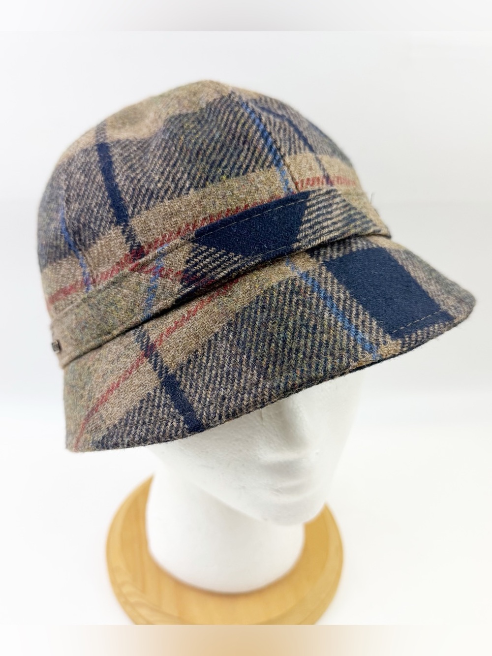 Mucros Weavers Flapper Hat Ireland Wool Tweed Tartan Plaid Adjustable Blue Tan